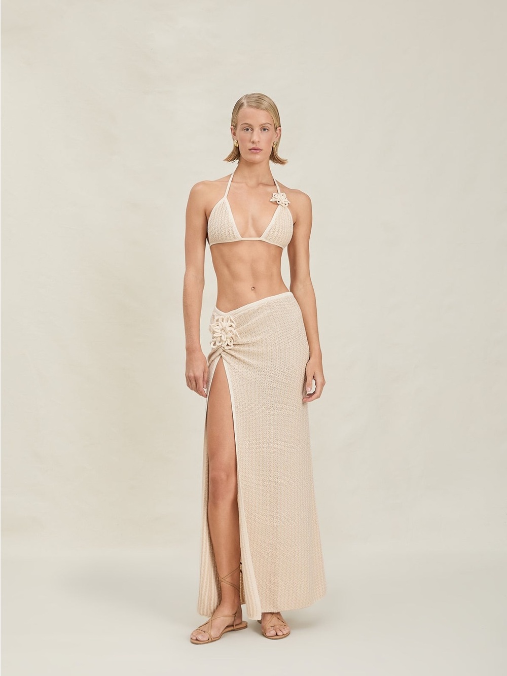 DEVON WINDSOR Cream Crochet bikini set. Nash Top, Neo Bottom, and Magnolia Skirt